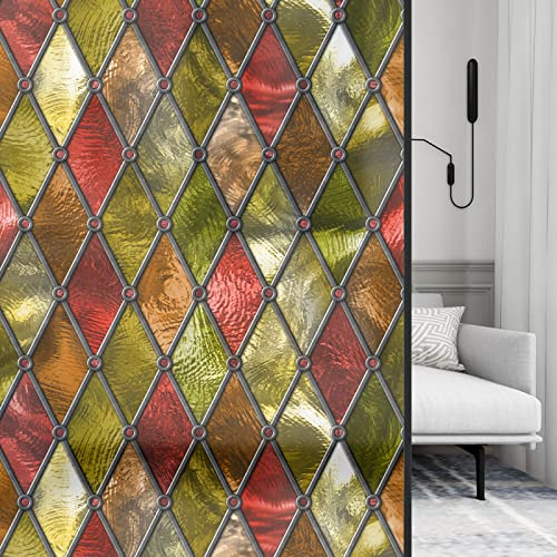 Opaque window film privacy film,Selbstklebend ohne Klebstoff Fensterfolie,Decorative Anti-UV Film,farbige Raute ,Privatsphäre Schutzfolie Matt Für Bad Büro Wohnzimmer(44.5cmx200cm)
