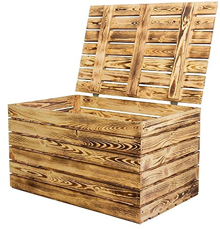 Obstkisten Online Holztruhe geflammt mit Deckel Truhe Couchtisch im Landhausstil, Stauraum für Decken, Kissen im Schlafzimmer (80x50x39 cm geflammt)
