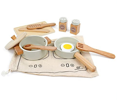 Little Log Holz Teiliges Kochset Töpfe und Pfannen Set Kinder Kochutensilien Rollenspiel für kinderküche zubehör Spielküche Geschenk für Jungen und Mädchen ab 3 Jahre