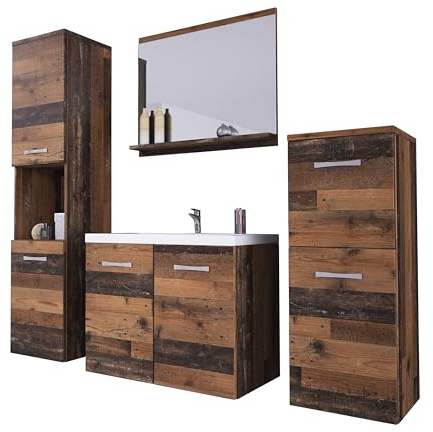 MINIO go for it - Badmöbel Set 4-Teilig Molo, Badezimmer Spiegel mit Ablage | 1x Waschtisch mit Unterschrank, 2x Hängeschrank, Badezimmermöbel Set - Laminierte Spannplatte, Old Style