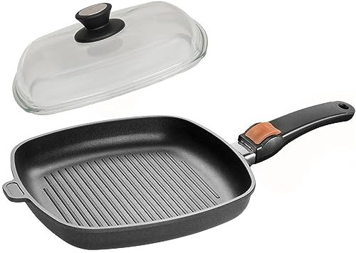 SKK große 2-tlg. Guss Grillpfanne 28x28 cm - Induktion - eckige Antihaft Steakpfanne Stiel abnehmbar gerippter Boden & Glasdeckel - Made in Germany