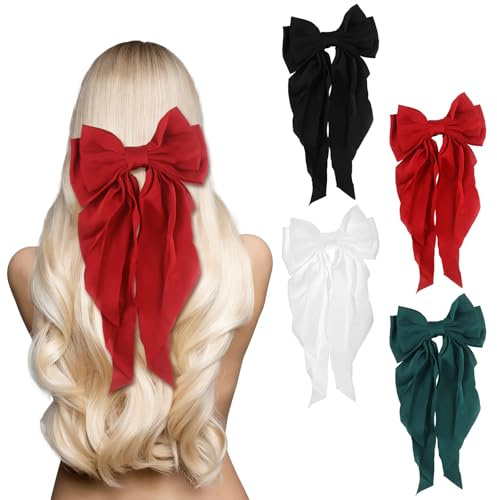 4 Stück Haarschleife Haare,Langschwanzschleife Haarspangen Satinschleife,Satin-Haarspange Metall-Bogenknoten-Clips,Hair Bow Hair Clips mit langem seidigem Satin für Weihnachten Frauen Mädchen