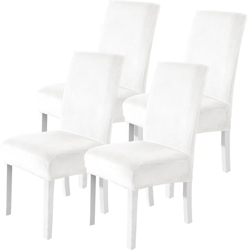 CYCMACO Stuhlhussen Samt 4er Set, Stretch Stuhlüberzieher, Stuhlbezug Schwingstuhl, Hussen Für Stühle Hochlehner, Stuhlbezüge Kratzfest, Universal Chair Cover Waschbarer, Weiß
