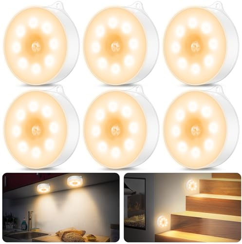 daphomeu Luz led nocturna con sensor de movimiento,Funciona con 3 pilas AAA.iluminación de armario, sensor de movimiento interior para escaleras, dormitorio, cocina.(Blanco cálido,6 Piezas)