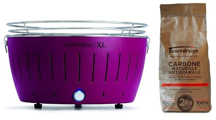 LotusGrill - Barbecue Portatile a Carbone - XL LG G435 - con cavo di alimentazione USB, 43,5 x 25,70 cm, Viola + 2 Kg Carbone naturale Antiche Carbonaie, 100% legno di leccio italiano artigianale