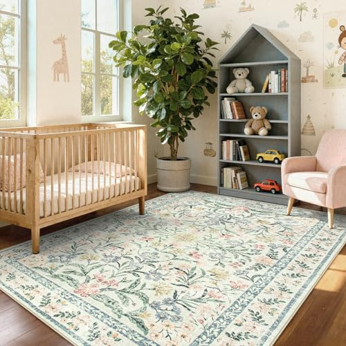 Wonnitar Boho Floral Washable Rugs 5x7, Soft Area Rugs for Bedroom, Ultra-Thin Non Slip Beige Area Carpets, Flower Print Decor Carpet for Living Room Nursery Dining Room Office