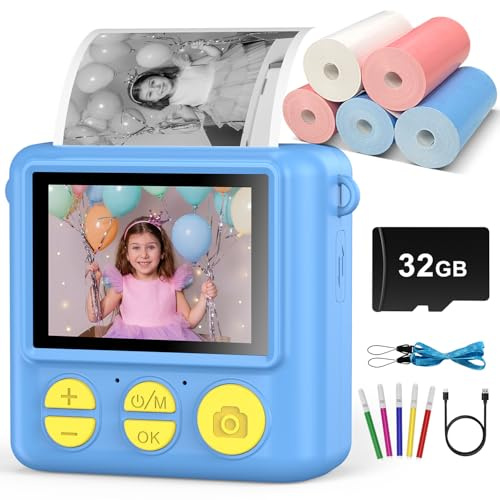 Instant Print Camera for Kids Age 3-12 Girls Boys 1080P HD Digital Video Cameras with 5 Print Paper & 32G Card Toddler Portable Travel Toys Camera for Christmas Birthday Gifts