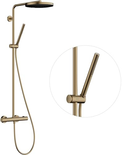 hansgrohe Pulsify S Puro - vattenbesparande Duschsystem (EcoSmart) med termostat, Regndusch (⌀ 260 mm), Duschset med handdusch, duschslang, duschstång och rund huvuddusch, borstad brons, 24223140