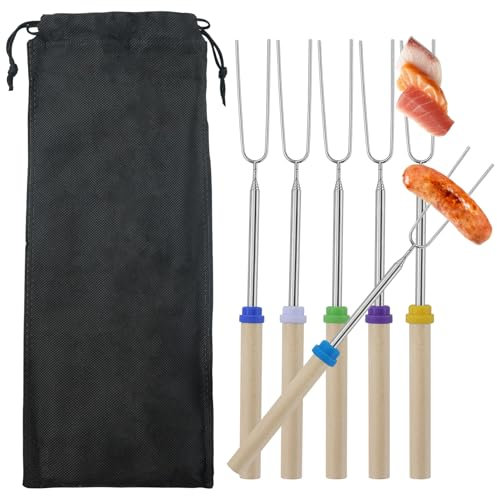 Grillgabeln, 6 Stück, teleskopierbare Marshmallow-Bratstäbchen, ausziehbare Edelstahl-Hotdog-Gabel mit Holzgriff, Grillspieße für Camping, Lagerfeuer, Kamin, Picknick