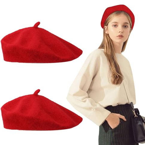 FUIPVGI 2 Stück Barett Baskenmütze Damen, Klassisch Plain Französischer Stil, Franzosenmütze Moderne Künstler Maler Hut, Wintermütze Einheitsgröße (Rot)