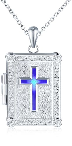 MICMIF Argento 925 Foto Medaglione Libro con Croce Collana Donna Uomo Ciondolo Portafoto Personalizzata, Collana Locket Apribile per 2 Foto, Catena 45+5cm per Famiglia Amico Amante