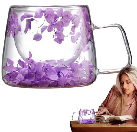 Taza de café con flores secas de doble pared, tazas de vidrio transparente con flores, taza de vidrio resistente al calor de 200 ml con asa, taza de flores creativas para café con leche, jugo de leche