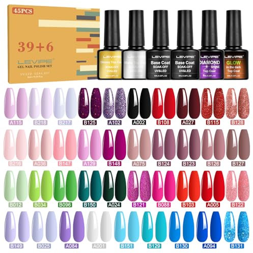 LEVIPE UV Nagellack Set, 45 Stück Gel Nagellack mit Unterlack,Glänzender & Matte Überlack, Diamant & FluoreszenzÜberlack，Gellack UV Gel Set für Nagel Design