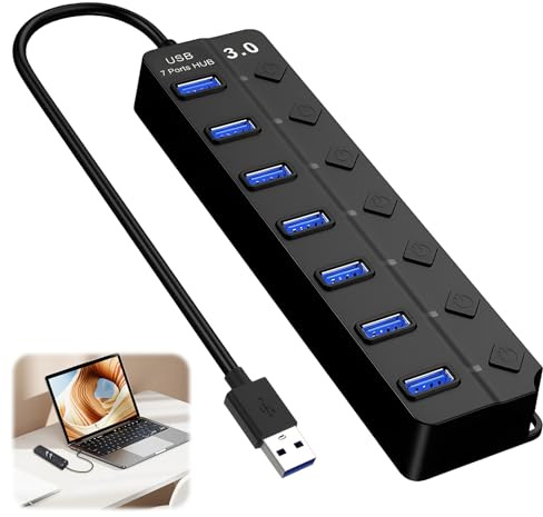 Hub USB 3.0 de 7 puertos con interruptores individuales y luces, concentrador de datos de alta velocidad, adaptador USB de múltiples puertos, divisor USB portátil con cable extendido de 1 pie para PC,