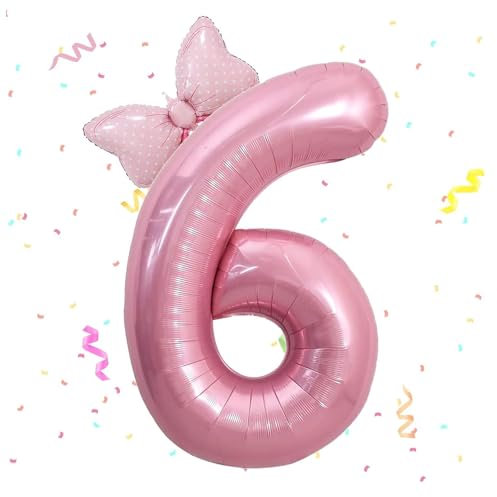 Zahlen Luftballon 6. Geburtstag, 40 Zoll Schleife Folienballon Zahl 6, Zahlenballon 6 Helium Ballon Rosa,Luftballon 6 Geburtstag Deko für 6 Jahre Mädchen Geburtstagsdeko,Babyparty,Jubiläum Party Deko