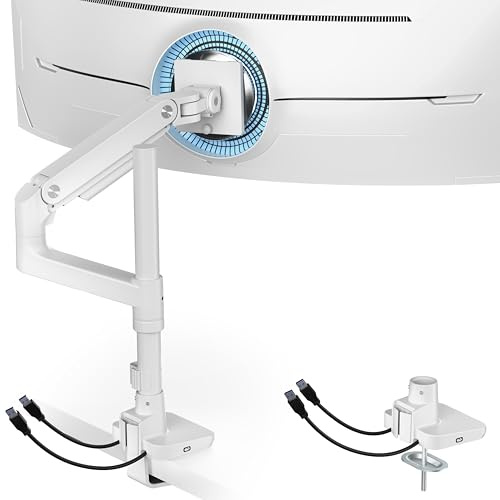 ARES WING Monitor Halterung mit USB A/C, Monitor Arm für 17-49 Flach Curved Bildschirm, Höhenverstellbar Bildschirmhalterung, Tischhalterung Tragfähigkeit Max 20kg,75/100mm Vesa-Halterung, Weiß
