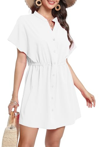 Koerye Vestido de Playa Mujer Cuello en V Blusa de Bikini Cover up Casual Ropa de Playa con Boton Estilo Holgado Chiffon Ropa de Playa Blanco