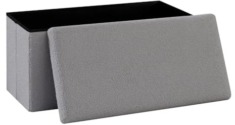 PINPLUS Faltbare Bouclé Sitzbank mit Stauraum, 76.5x38x38 cm, Grau | gepolsterte Sitztruhe mit Deckel, Bettbank & Aufbewahrungsbank, platzsparend, für Wohnzimmer, Schlafzimmer, Flur