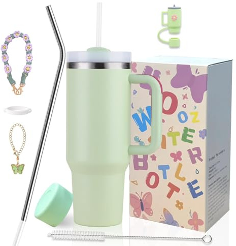 Sanilinwild 40 oz Tumbler Insulated Mug w/Straw & Flip Cap Lids - Cup Holder Bottle mit 6 Accessoires Set für heiße, kalte Getränke - Auslaufsicher - Wasser, Kaffee Portable Travel Mug (Apfelgrün)