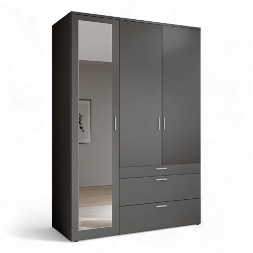VESALA Kleiderschrank Schrank mit Spiegeltür Drehtürenschrank Graphit | 135 x 195 x 56 cm (B/H/T), 3-türig, 3 Schubladen, Kleiderstange, 4 Ablageböden, Schlafzimmer, Schrank mit Spiegel