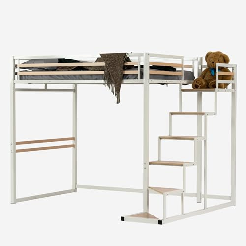 Meuble Cosy Lit Mezzanine 2 Places 140x200cm avec Sommier à Lattes pour Adulte Enfant, en Bois d'ingénierie et métal, Style Industriel, Chêne + Blanc