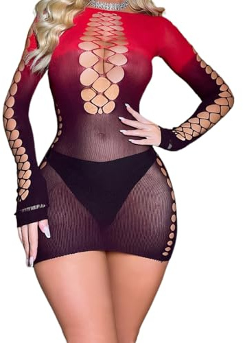 DOKRIN Partykleider für Damen,Roter Netzbody mit Farbverlauf, Pyjama, langärmliger Netzrock