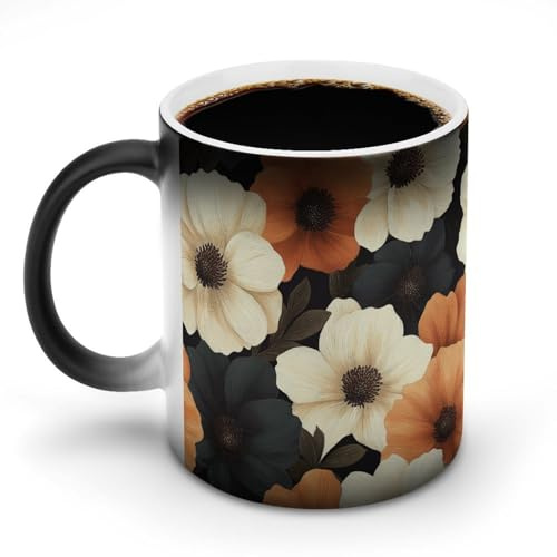 Jubonexis Tazas de café de cerámica que cambian de color con flores blancas y beige, taza de café novedosa divertida taza de té y agua, 325 ml