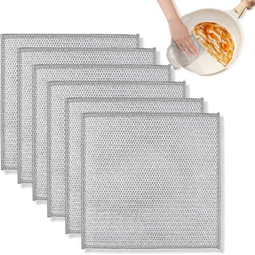 6 PCS Non-Scratch Stainless Steel Dish Cloths – 3-Layer Wire Scrubber for Wet & Dry Use (20x20 cm), Perfect for Pots, Pans, Sinks & Stove Tops – Durable, Multipurpose Cleaning Rags