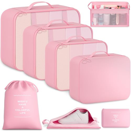 BAGAIL 8-teiliges Packwürfel-Set, Reiseorganizer mit atmungsaktivem Netz & Schuhbeutel, leichte Nylon Packorganizer für Koffer, 9 Farben - Rosa