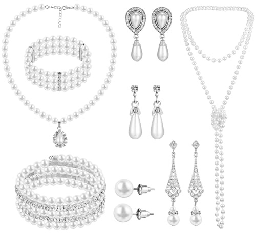 Vauki Set di Costumi con Perle per Donne - Collana di Perle, Bracciale e Orecchini, Set di Gioielli con Perle Artificiali e Orecchini di Strass e Bracciale Multistrato di Perle, Set di Accessori Anni