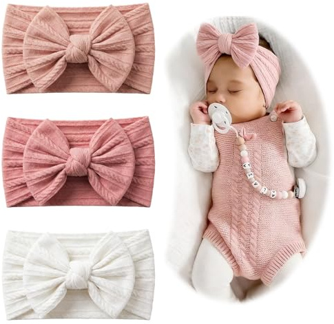 3 Pack Baby Girl Headbands with Bow, Soft Nylon Girls Headbands Infant Hairbands for Newborns & Toddlers, Comfortable Newborn Stretchy Head Wraps for Everyday Wear