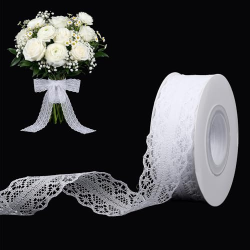 1 Roll Spitzenband Weiß,22M Weiss Spitzenbordüre Dekoband,Multifunktional Spitzenborte (3cm x 22m),Schleifenband Dekoband für Hochzeit Tischdeko Basteln Geschenkband Kraftpapier