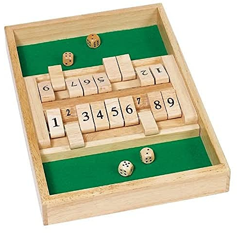 goki 56897 dubbelspel Shut The Box av trä, 2 spelfält 4 tärningar – strategiskt skjutspel från 6 år