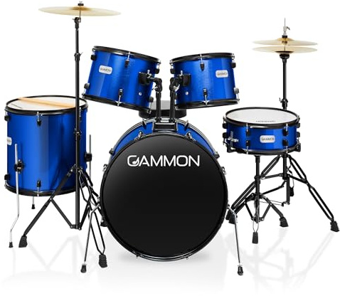 Gammon Percussion Full Size Complete Adult 5-Piece Drum Set with Cymbals, Stands, Stool, and Sticks - Blue