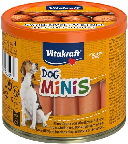 Vitakraft Dog Minis, Hundeleckerli, Mini Würstchen aus Geflügel, in Dose mit Deckel, Hunde Trainingsleckerli, gewürzreduziert, ohne Zusatz von Zucker (1x 120g)