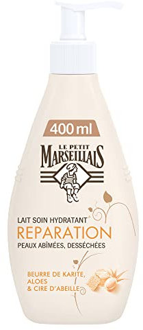 Le Petit Marseillais - Lait Soin Hydratant Réparation (flacon-pompe de 400 ml) – Lait corps pour peaux abîmées et desséchées – Lait corporel au beurre de karité, aloès et cire d'abeille