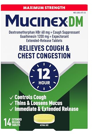 Mucinex DM 12Hr Maximum Strength Chest Congestion & Cough Medicine For Adults, Cold And Cough Medicine for Excess Mucus Relief, 1200 mg Guaifenesin & 60 mg Dextromethorphan HBr, 14 Bi-Layer Tablets