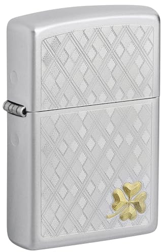 Zippo - Briquet Tempête Motif Trèfle Argyle, Chrome Satiné, Impression Auto Bicolore, Rechargeable, Réutilisable, Résistant Au Vent, Coffret Cadeau, Fabriqué Aux États-Unis