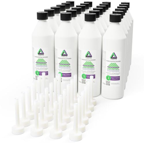TOBOLIN Horizontalsperre 24 x 500 mL + 24x Injektionsaufsatz f. trockene Wand – Mauerwerkstrockenlegung & Keller abdichten - Wassersperre gegen aufsteigende Feuchtigkeit - Alternative zur Verkieselung