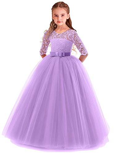 MYRISAM Vestito per Ragazze Abiti Damigella Manica 3/4 Principessa Abiti Lungo Tulle Pizzo Cerimonia Compleanno Battesimo Natale Halloween Cocktail