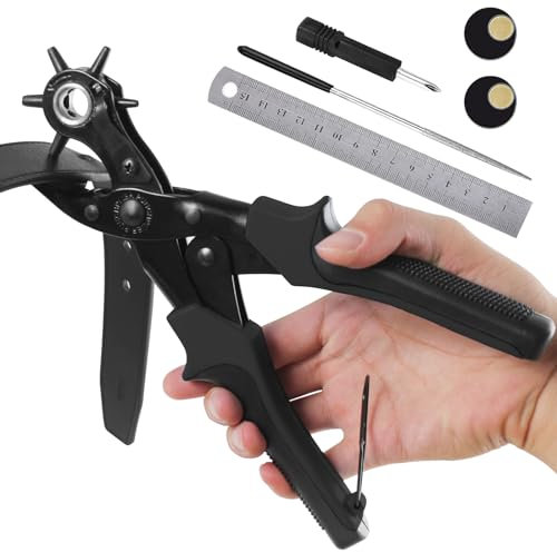 Diyife Gürtelstanzzange, 2-4.5MM Lochzange für Leder mit Lochgrößen-Zifferblatt, Revolverlochzange, mit Schleifstab, Für Gürtel, Kunsthandwerk, Karte, Gummi, usw.(Schwarz)