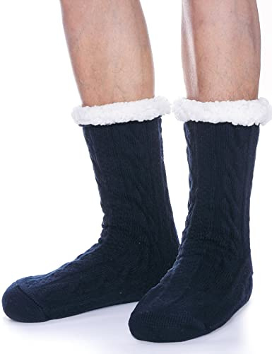 PROETRADE Chaussettes Hommes 43-46, Chaussettes chaussons pilou pilou homme pour l'hiver, Chaussette cadeau noel thermique chaude en polaire épaisse antidérapante (Bleu foncé)
