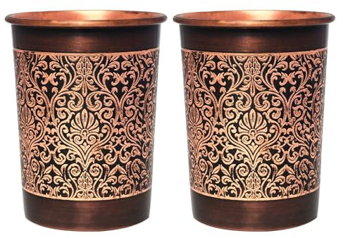 Kupferbecher, 2er-Set, Blumenmuster, 250 ml Fassungsvermögen für Ayurveda-Gesundheitsvorteile (gerade)