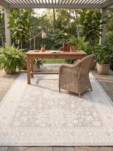 Rugs.com Outdoor Aztec Collection Rug – 5' 3 x 7' 10 Light Gray Flatweave Rug Perfect for Living Rooms, Large Dining Rooms, Open Floorplans