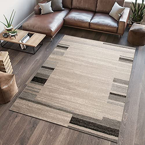 TAPISO Sari Teppich Kurzflor Beige Schwarz Creme Vierecke 120 x 170 cm | Geometrisch Modern Design Meliert Verwischt Pflegeleicht Wohnzimmer Schlafzimmer OEKO-TEX