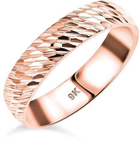 TJC Anillos de boda de oro de 9 quilates para mujeres y hombres, anillo de corte de diamante en oro rosa, blanco y amarillo de 5 mm de ancho, anillos lisos y de diamante para mujeres y caballeros