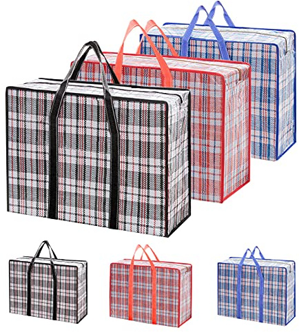 6er-Pack Jumbo Tasche mit Reißverschluss, Jumbo Wäschesäcke, Aufbewahrungstasche Kleidung, Plastiktasche Aufbewahrung Wäscherei Einkaufstaschen, mit Reißverschluss und Griffen, 60x50x20cm