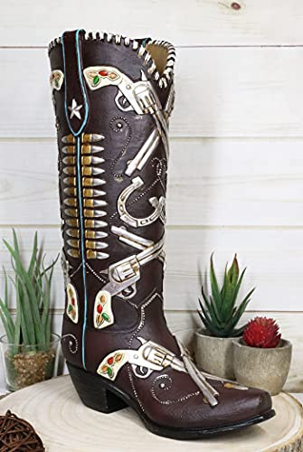 Ebros Rustic Western Wild West Dual Pistol Revolver Six Shooters and Bullets Cowboy Cowgirl Boot Decorative Figurine Or Floral Vase Planter Tooled Leather Finish Table Shelf Countertop Accent