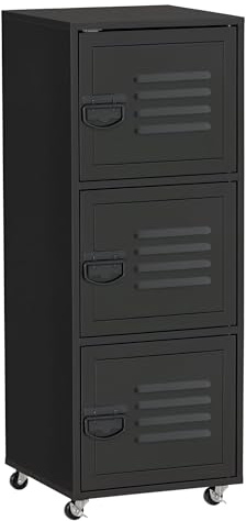 HOMCOM Rolling Storage Cabinet 3-Tier Mobile File Cabinet with Wheels & Metal Doors for Home Office, Living Room, Black