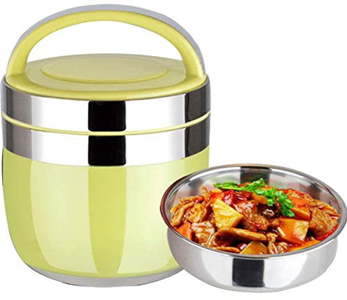 PLMKO Thermobehälter für Essen, Edelstahl Thermobehälter Lunchbox mit Griff 2-lagige Lebensmittelqualität Büroangestellter Lunchbox mit Großem Fassungsvermögen (Licht Grün 1 5 L)